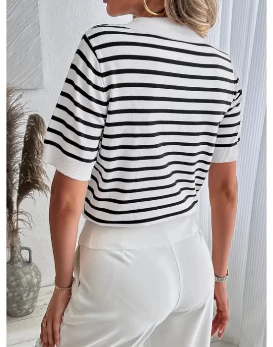 Kadın Kısa Kol Polo Yaka çizgi Desen Triko Bluz