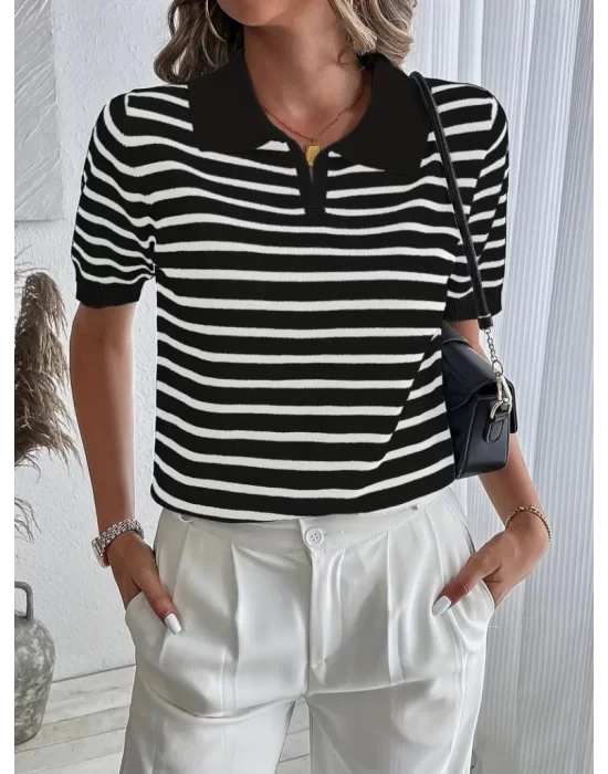 Kadın Kısa Kol Polo Yaka çizgi Desen Triko Bluz