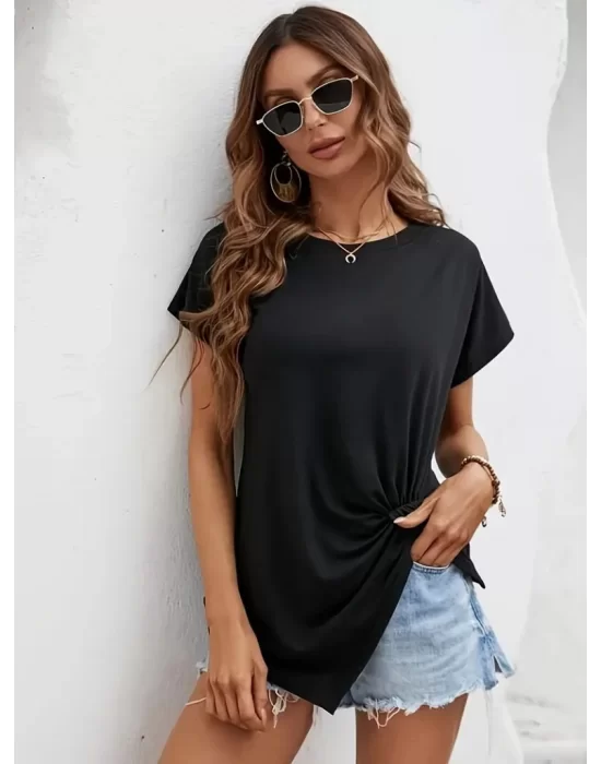 Kadın Kısa Kollu Asimetrik Kesim Bel Büzgü Düğüm Detay Viskon Bluz