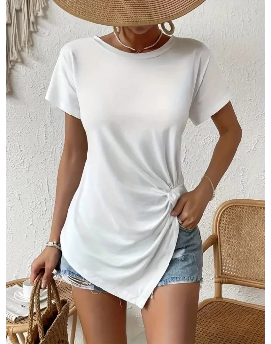 Kadın Kısa Kollu Asimetrik Kesim Bel Büzgü Düğüm Detay Viskon Bluz