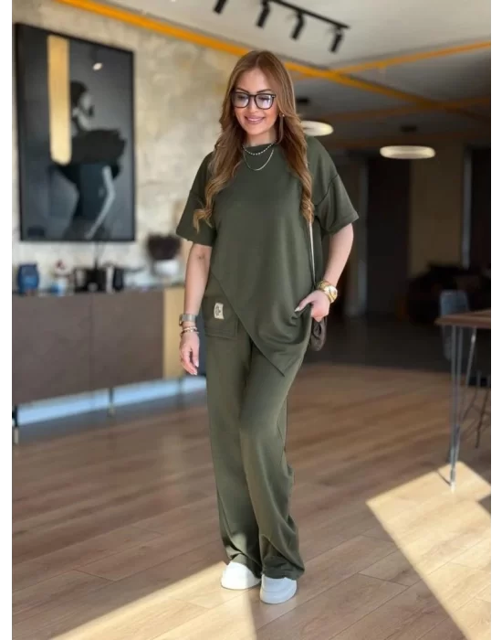 Kadın Kısa Kollu Bisiklet Yaka Asimetrik Viskon Iki Iplik Bluz Ve Pantolon Ikili Takım
