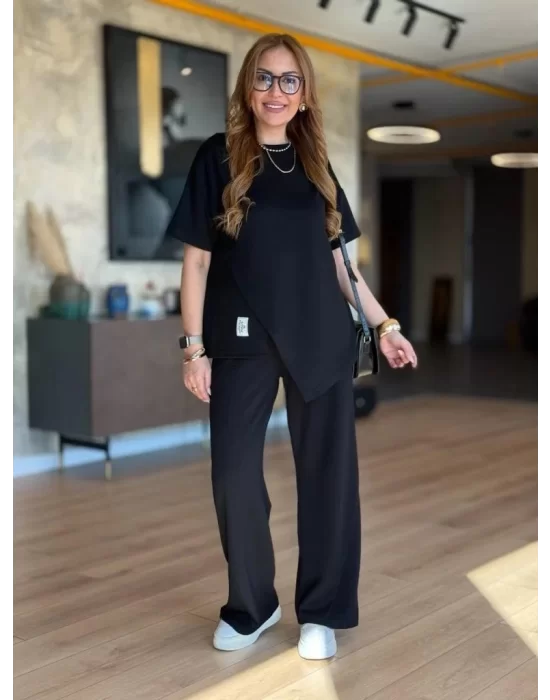 Kadın Kısa Kollu Bisiklet Yaka Asimetrik Viskon Iki Iplik Bluz Ve Pantolon Ikili Takım