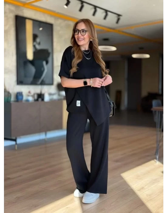 Kadın Kısa Kollu Bisiklet Yaka Asimetrik Viskon Iki Iplik Bluz Ve Pantolon Ikili Takım
