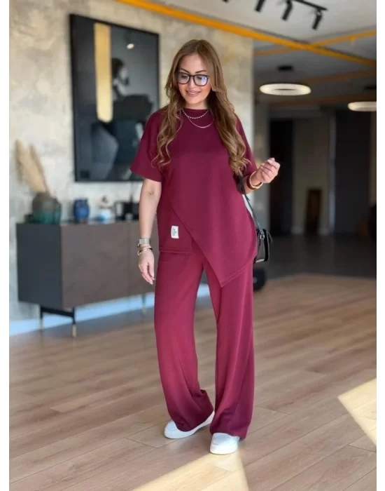 Kadın Kısa Kollu Bisiklet Yaka Asimetrik Viskon Iki Iplik Bluz Ve Pantolon Ikili Takım