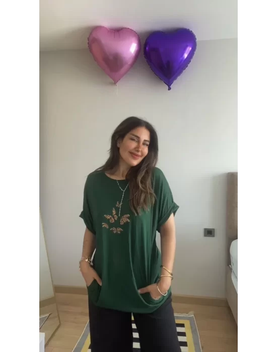 Kadın Kısa Kollu Bisiklet Yaka Cepli Kelebek Baskılı Viskon Elbise