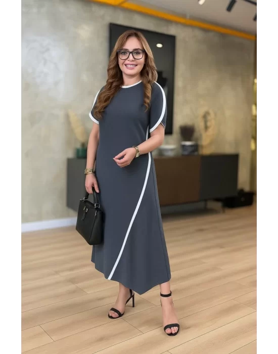 Kadın Kısa Kollu Bisiklet Yaka çift şerit Renk Detaylı Asimetrik Kesim Viskon Iki Iplik Elbise