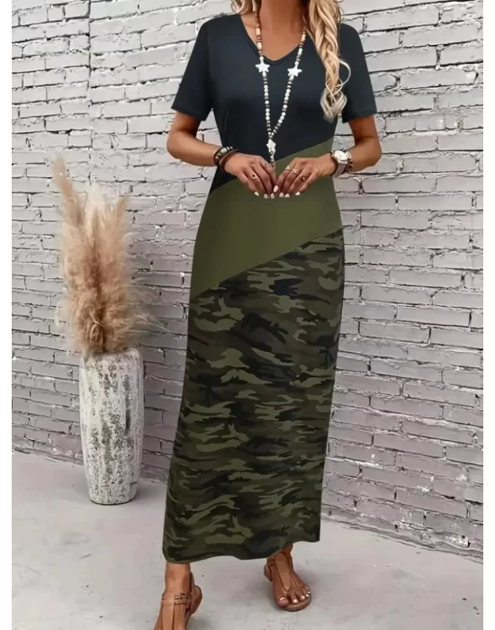 Kadın Kısa Kollu Bisiklet Yaka çok Renkli Maksi Viskon Elbise