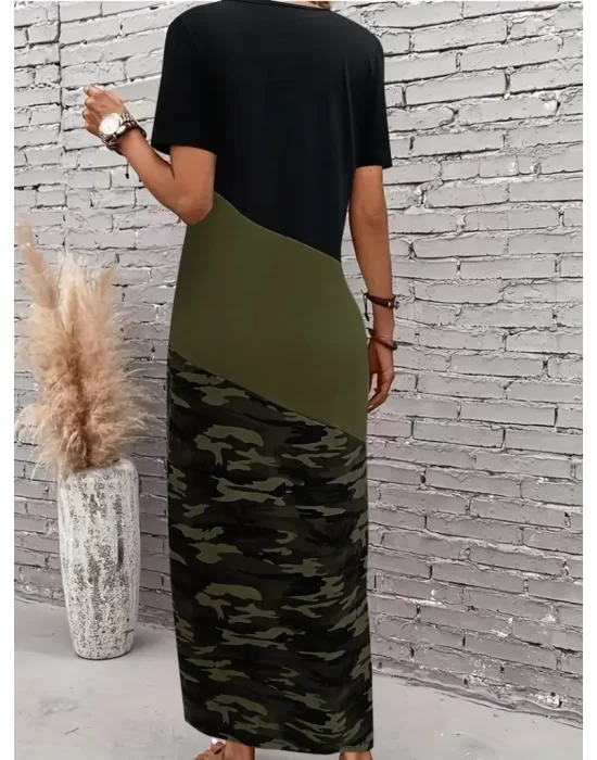 Kadın Kısa Kollu Bisiklet Yaka çok Renkli Maksi Viskon Elbise