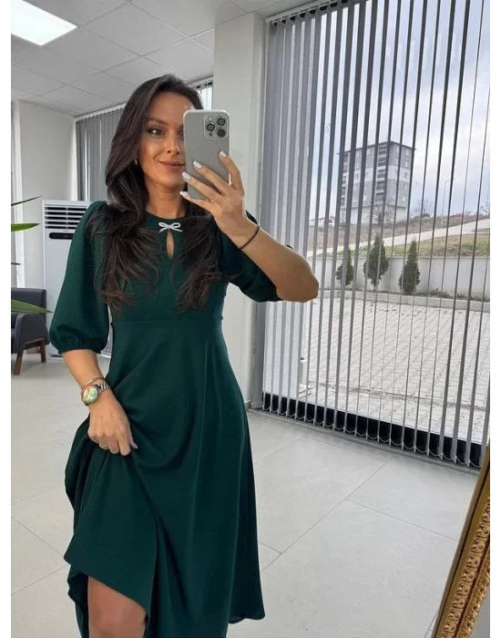 Kadın Kısa Kollu Bisiklet Yaka Fiyonk Broşlu Midi Janjan Krep Elbise