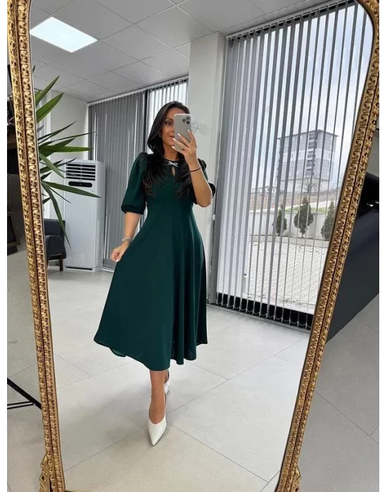 Kadın Kısa Kollu Bisiklet Yaka Fiyonk Broşlu Midi Janjan Krep Elbise