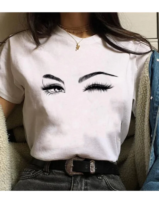 Kadın Kısa Kollu Bisiklet Yaka Göz Baskılı Süprem T-shirt