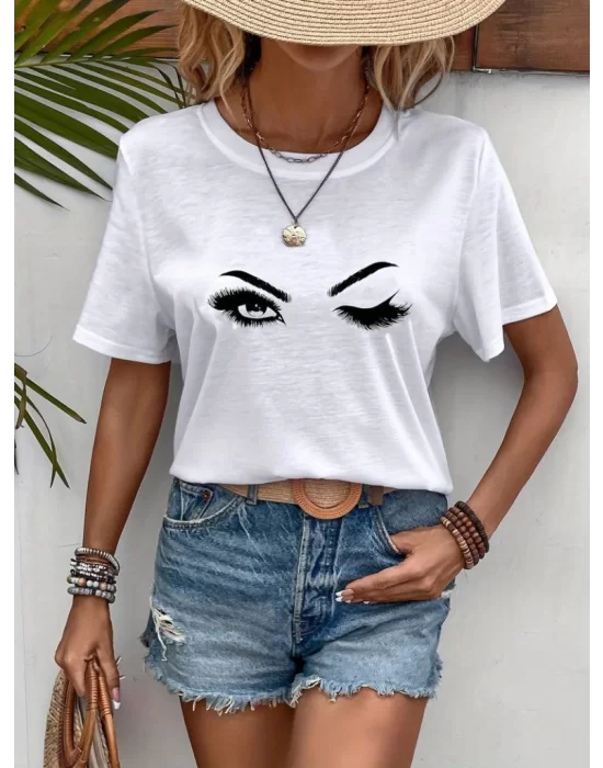 Kadın Kısa Kollu Bisiklet Yaka Göz Baskılı Süprem T-shirt