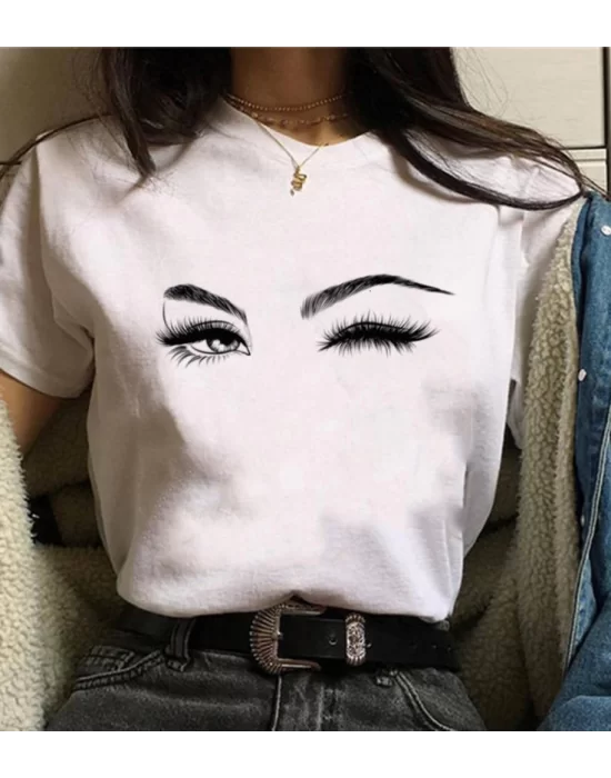 Kadın Kısa Kollu Bisiklet Yaka Göz Baskılı Süprem T-shirt