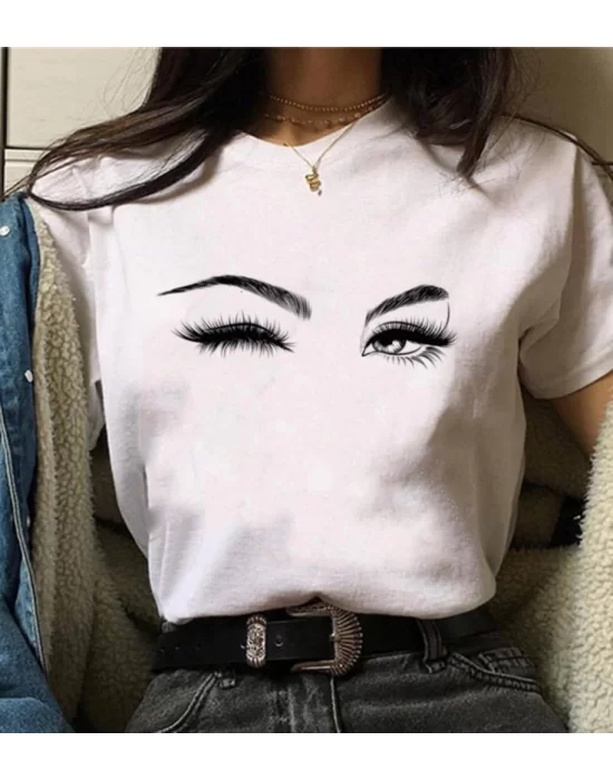 Kadın Kısa Kollu Bisiklet Yaka Göz Baskılı Süprem T-shirt