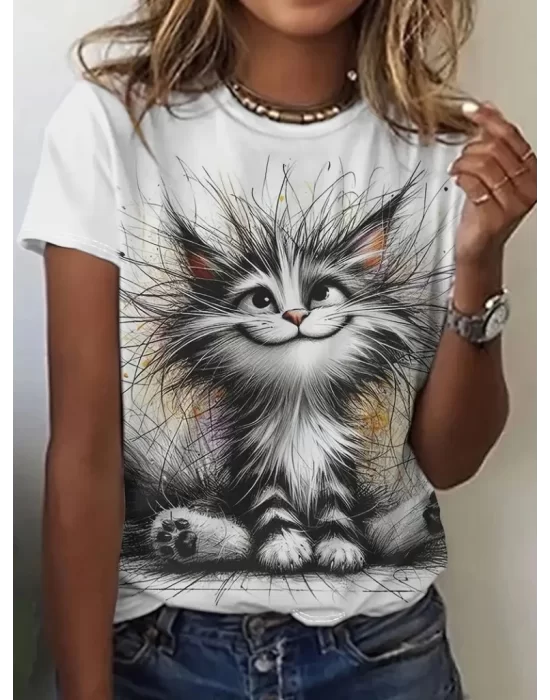 Kadın Kısa Kollu Bisiklet Yaka Kedi Baskılı Süprem Bluz
