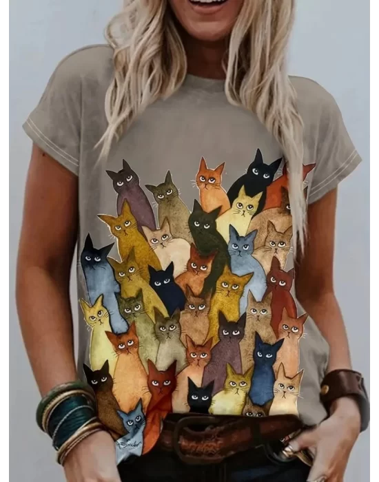 Kadın Kısa Kollu Bisiklet Yaka Kedi Desenli Süprem Bluz