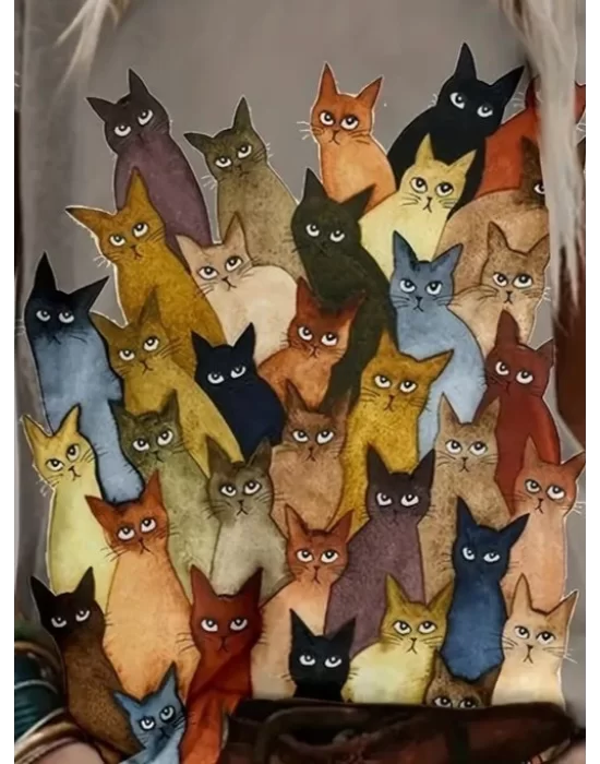 Kadın Kısa Kollu Bisiklet Yaka Kedi Desenli Süprem Bluz