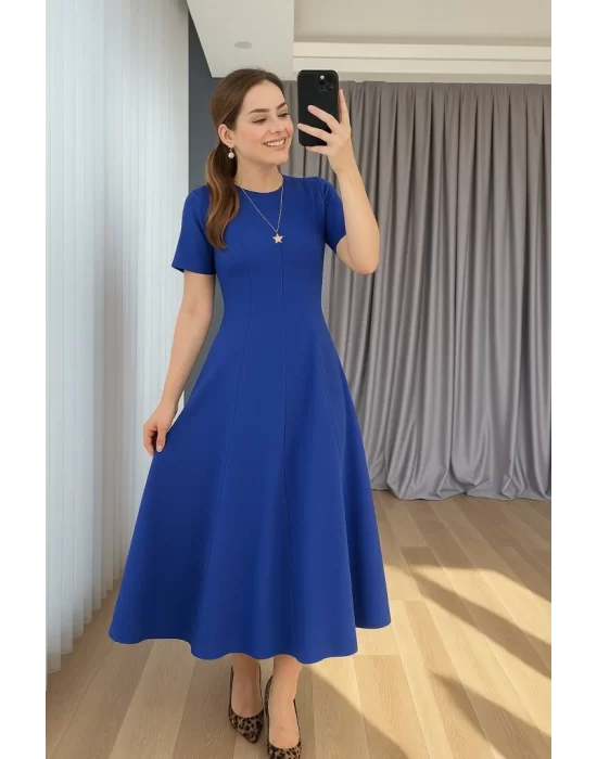 Kadın Kısa Kollu Bisiklet Yaka Maksi Boy Ithal Krep Elbise