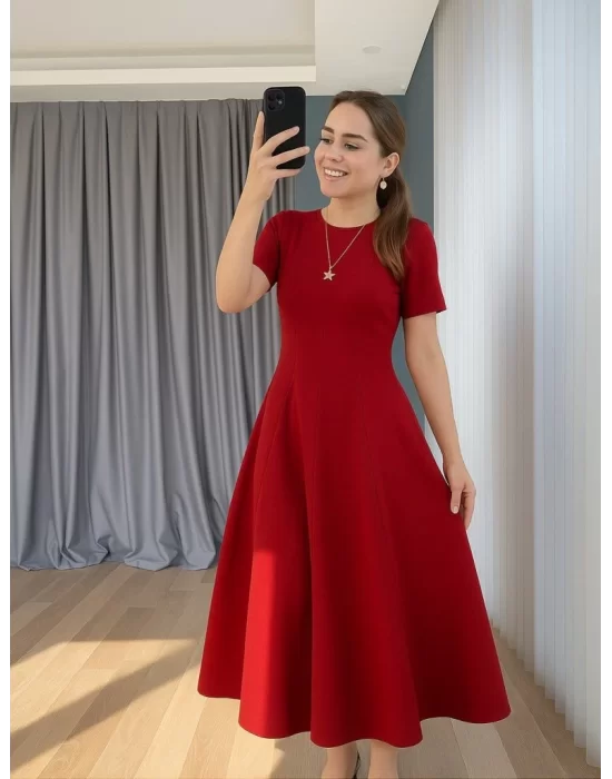 Kadın Kısa Kollu Bisiklet Yaka Maksi Boy Ithal Krep Elbise