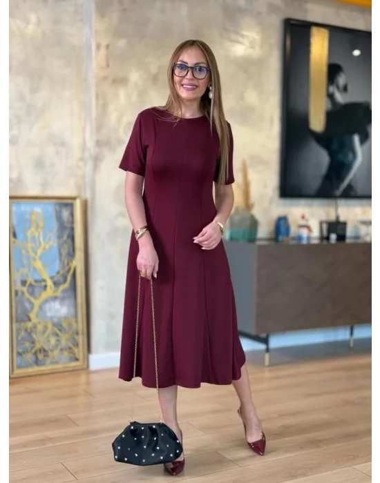 Kadın Kısa Kollu Bisiklet Yaka Midi Viskon Iki Iplik Elbise