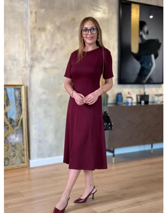 Kadın Kısa Kollu Bisiklet Yaka Midi Viskon Iki Iplik Elbise