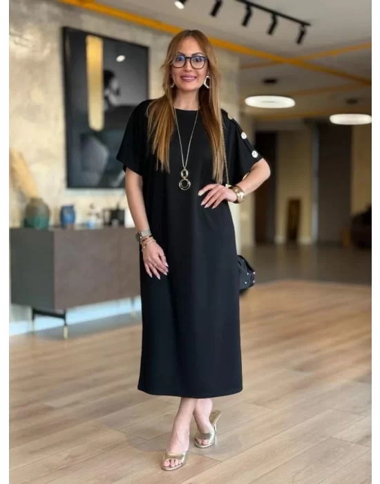 Kadın Kısa Kollu Bisiklet Yaka Omuzdan Düğmeli Uzun Viskon Iki Iplik Elbise