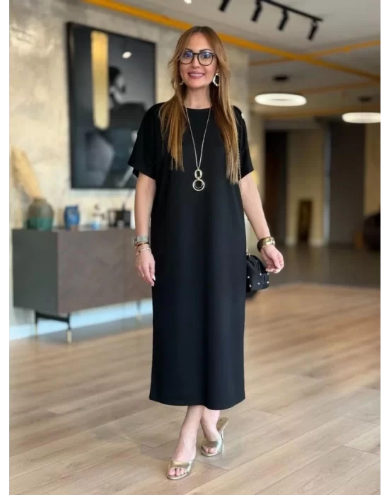 Kadın Kısa Kollu Bisiklet Yaka Omuzdan Düğmeli Uzun Viskon Iki Iplik Elbise
