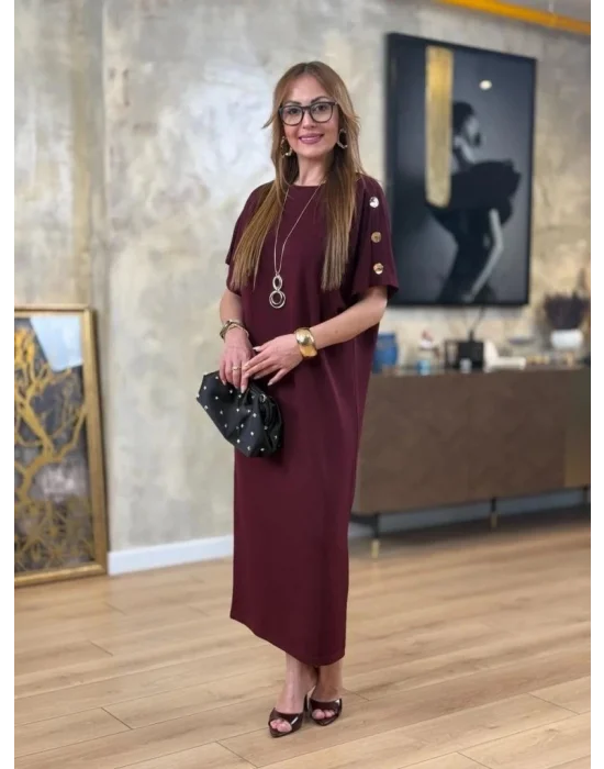 Kadın Kısa Kollu Bisiklet Yaka Omuzdan Düğmeli Uzun Viskon Iki Iplik Elbise