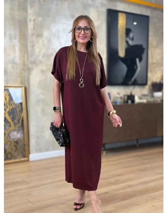 Kadın Kısa Kollu Bisiklet Yaka Omuzdan Düğmeli Uzun Viskon Iki Iplik Elbise