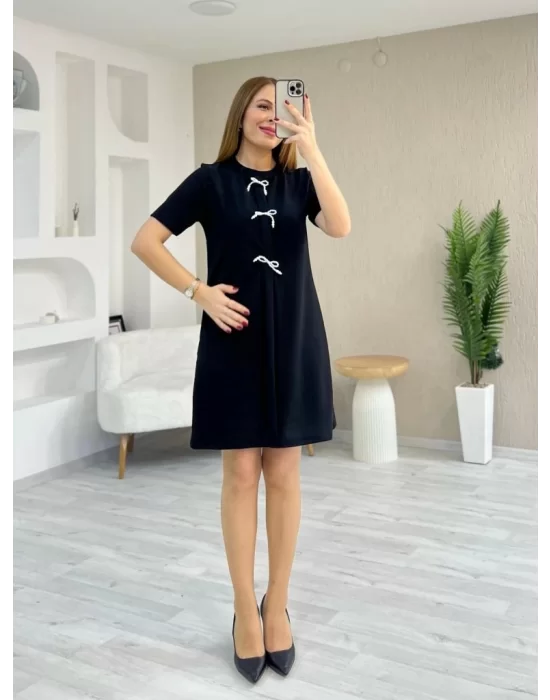 Kadın Kısa Kollu Bisiklet Yaka önden Fiyonk Detaylı Ithal Krep Elbise