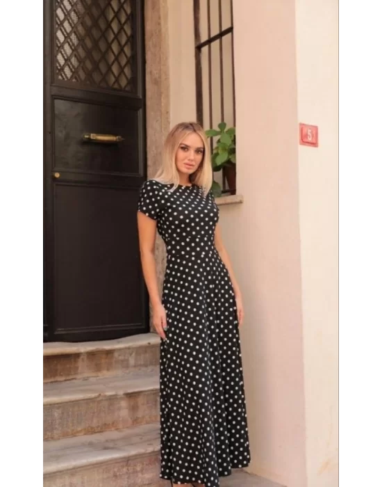 Kadın Kısa Kollu Bisiklet Yaka Puantiyeli Maksi örme Krep Elbise