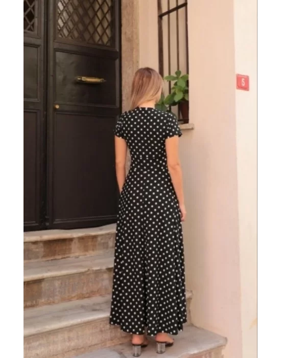 Kadın Kısa Kollu Bisiklet Yaka Puantiyeli Maksi örme Krep Elbise