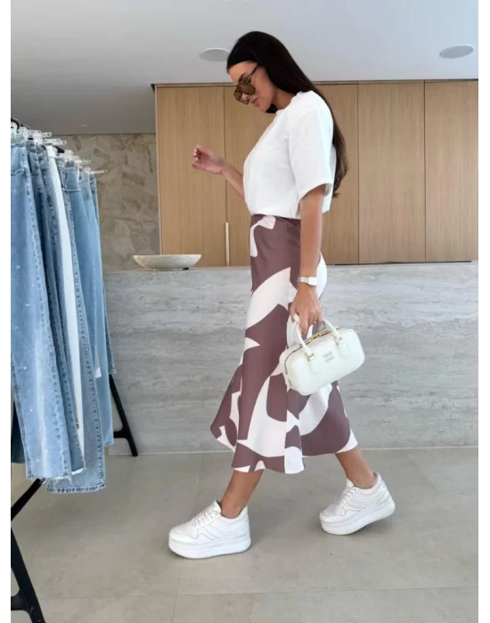 Kadın Kısa Kollu Bisiklet Yaka Viskon Bluz Ve Desenli Süprem Etek Ikili Takım