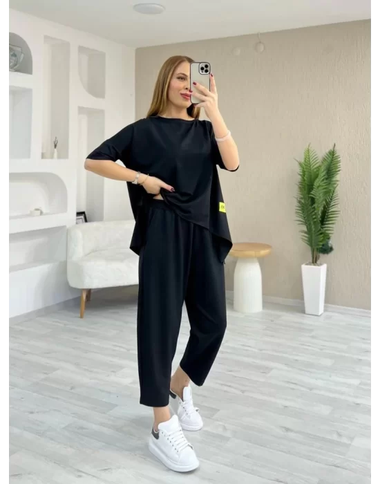 Kadın Kısa Kollu Bisiklet Yaka Viskon Iki Iplik Bluz Ve Pantolon Ikili Takım