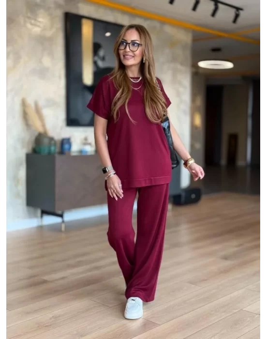 Kadın Kısa Kollu Bisiklet Yaka Viskon Iki Iplik Bluz Ve Pantolon Ikili Takım