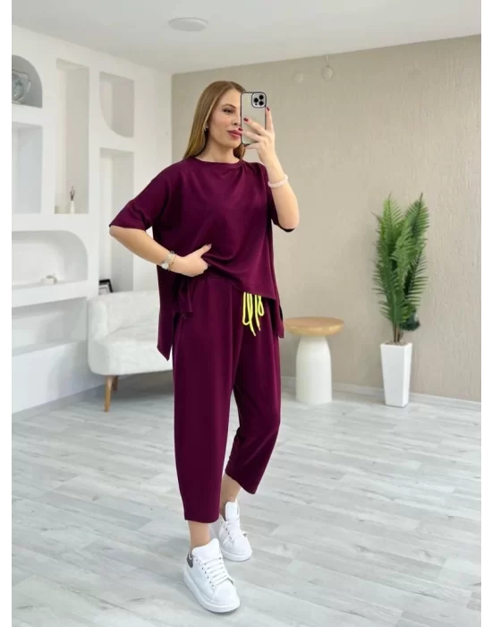 Kadın Kısa Kollu Bisiklet Yaka Viskon Iki Iplik Bluz Ve Pantolon Ikili Takım