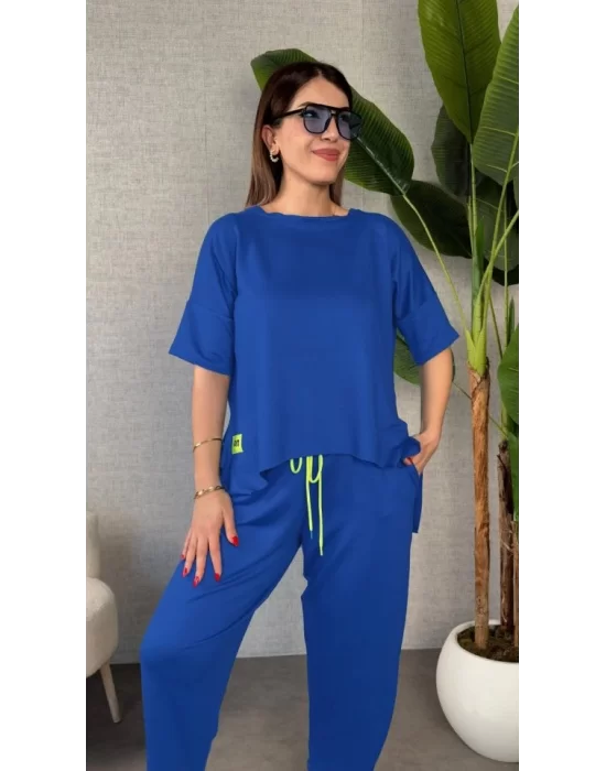 Kadın Kısa Kollu Bisiklet Yaka Viskon Iki Iplik Bluz Ve Pantolon Ikili Takım