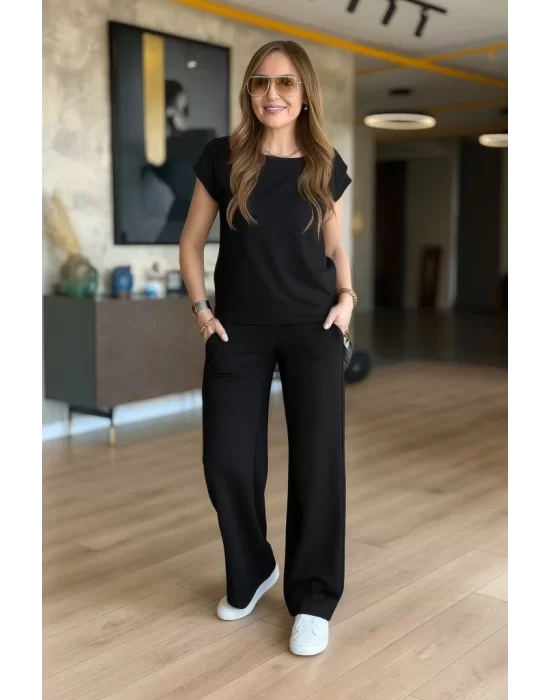 Kadın Kısa Kollu Bisiklet Yaka Viskon Iki Iplik Bluz Ve Pantolon Ikili Takım