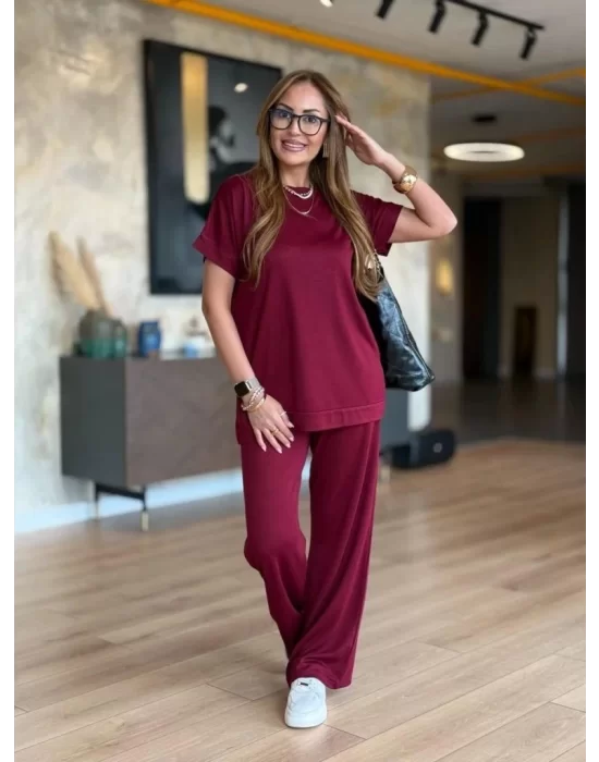 Kadın Kısa Kollu Bisiklet Yaka Viskon Iki Iplik Bluz Ve Pantolon Ikili Takım