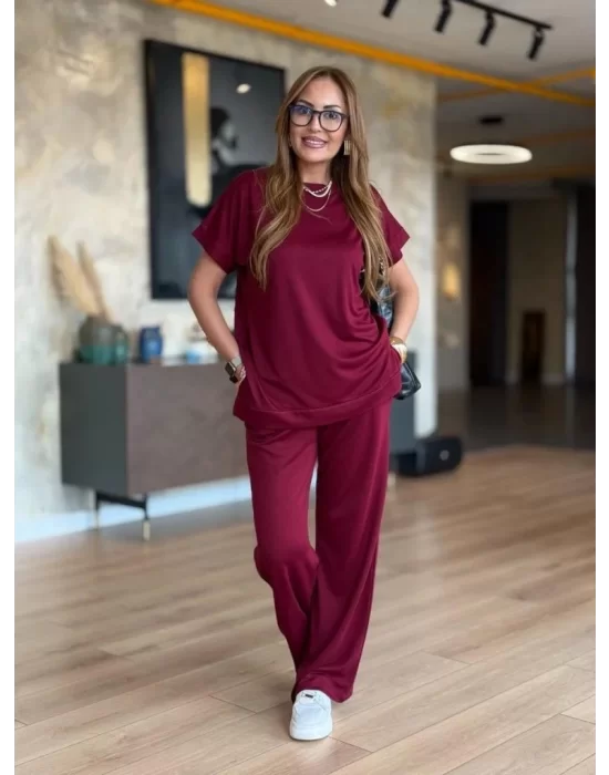 Kadın Kısa Kollu Bisiklet Yaka Viskon Iki Iplik Bluz Ve Pantolon Ikili Takım