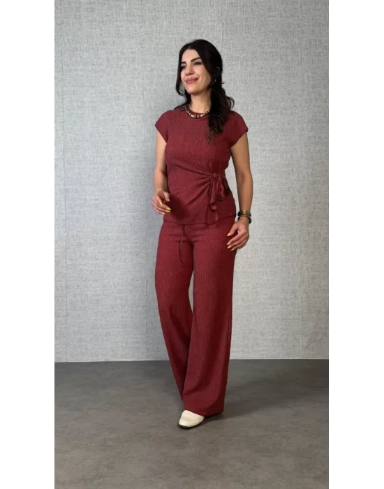 Kadın Kısa Kollu Bisiklet Yaka Yandan Bağlamalı Bürümcük Bluz Ve Pantolon Ikili Takım