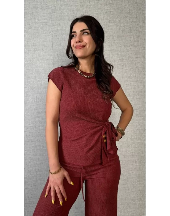 Kadın Kısa Kollu Bisiklet Yaka Yandan Bağlamalı Bürümcük Bluz Ve Pantolon Ikili Takım
