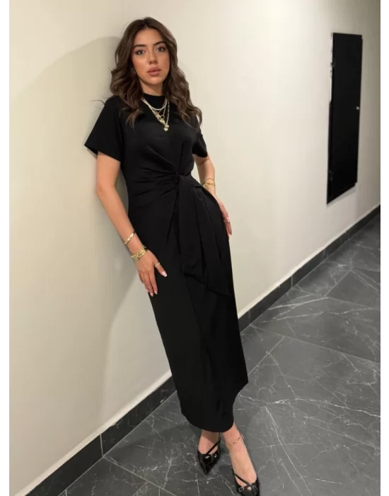 Kadın Kısa Kollu Bisiklet Yaka Yandan Bağlamalı Viskon Iki Iplik Elbise