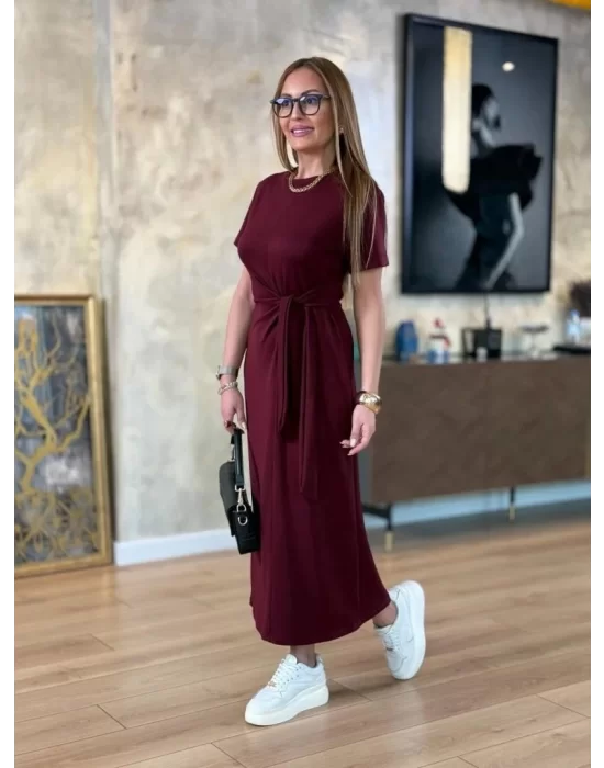 Kadın Kısa Kollu Bisiklet Yaka Yandan Bağlamalı Viskon Iki Iplik Elbise