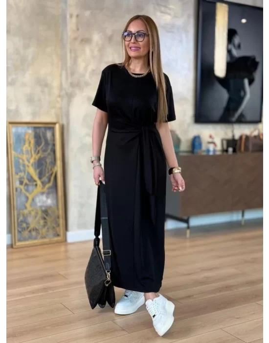 Kadın Kısa Kollu Bisiklet Yaka Yandan Bağlamalı Viskon Iki Iplik Elbise