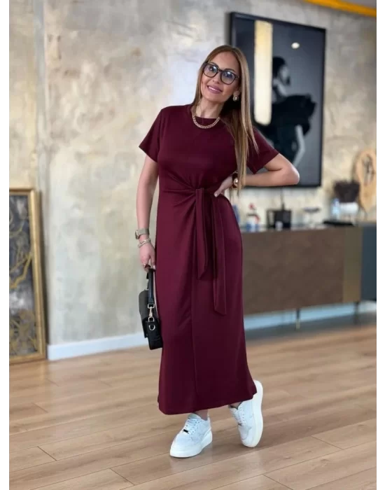 Kadın Kısa Kollu Bisiklet Yaka Yandan Bağlamalı Viskon Iki Iplik Elbise