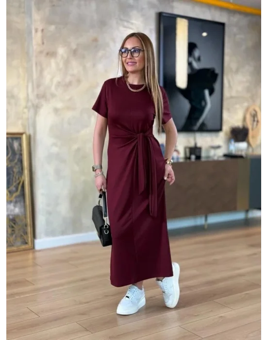 Kadın Kısa Kollu Bisiklet Yaka Yandan Bağlamalı Viskon Iki Iplik Elbise