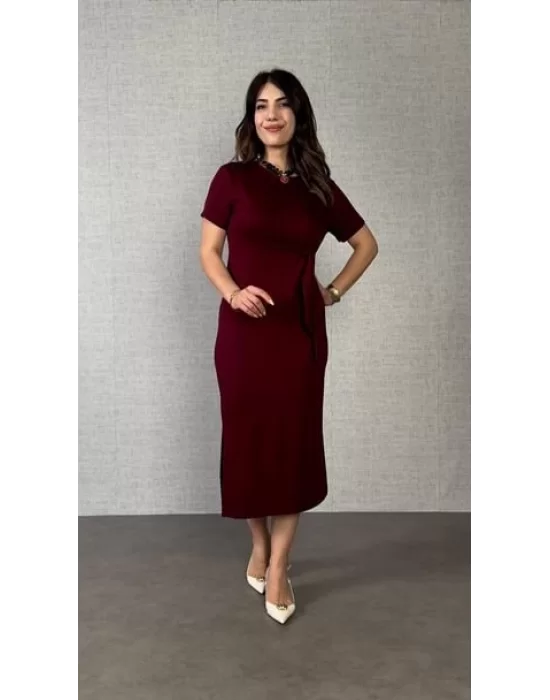 Kadın Kısa Kollu Bisiklet Yaka Yandan Bağlamalı Viskon Iki Iplik Elbise