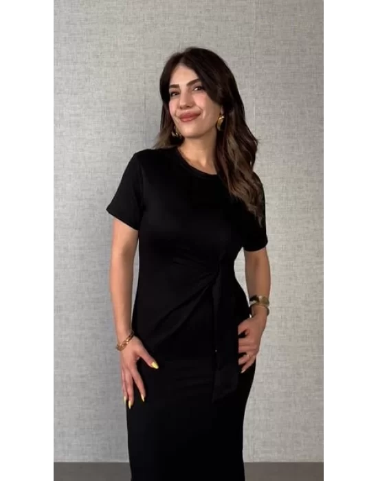 Kadın Kısa Kollu Bisiklet Yaka Yandan Bağlamalı Viskon Iki Iplik Elbise