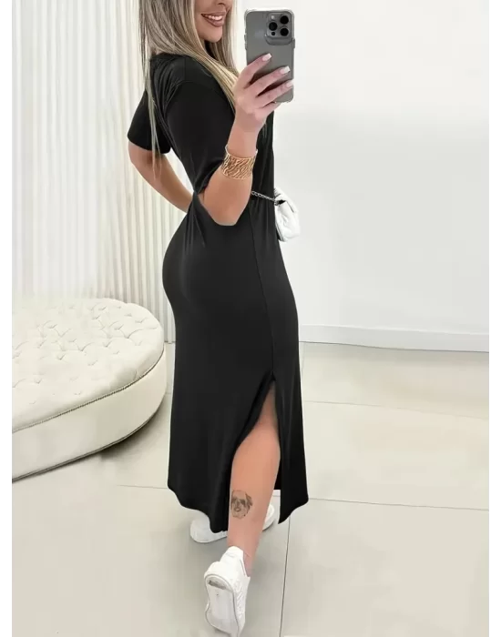 Kadın Kısa Kollu Bisiklet Yaka Yandan Yırtmaçlı Viskon Elbise